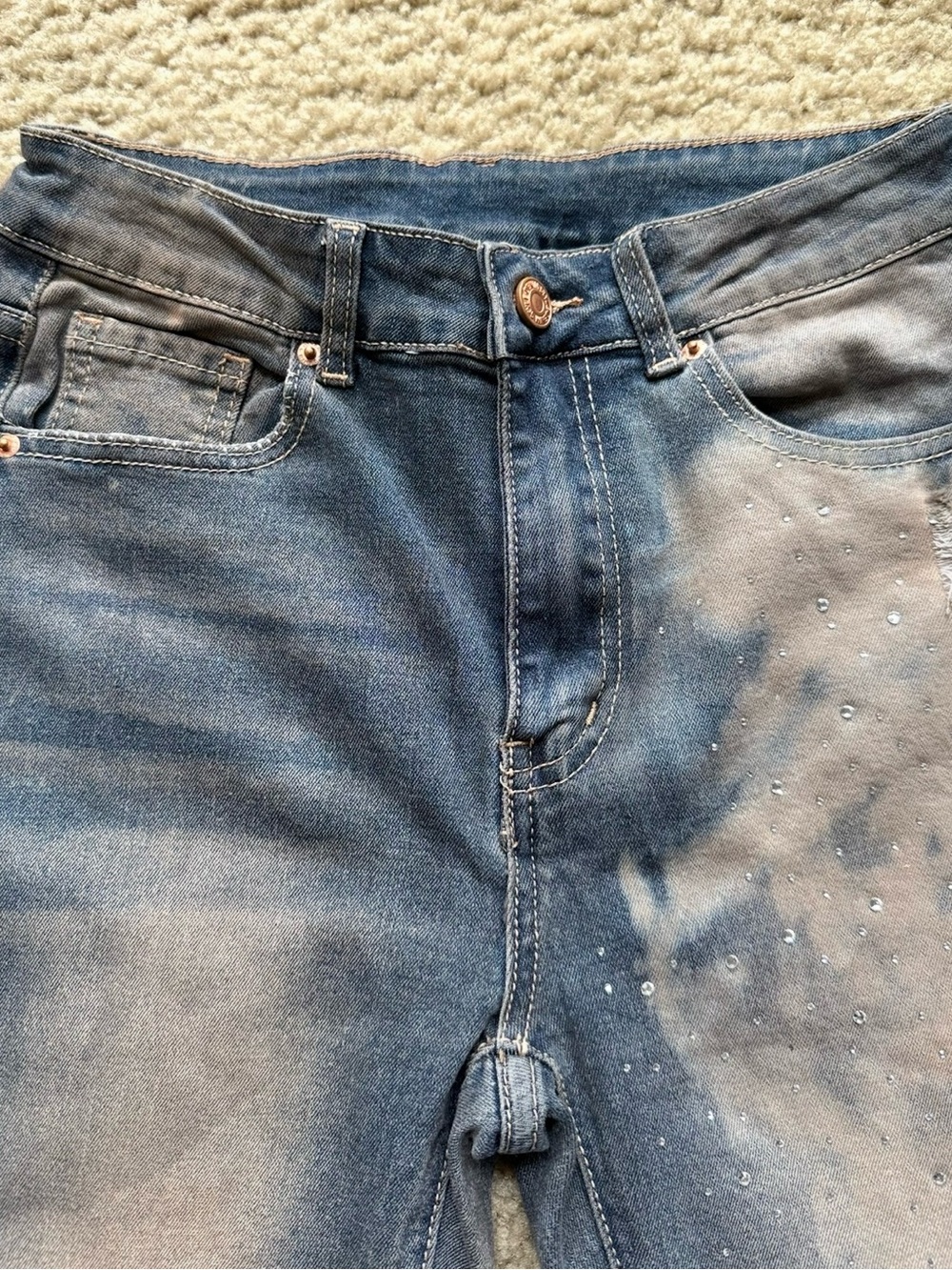 Reworked Rhinestone Artisan Bleached Distressed Wide Leg Jeans OOAK Y2K Boho XS - Picture 11 of 14